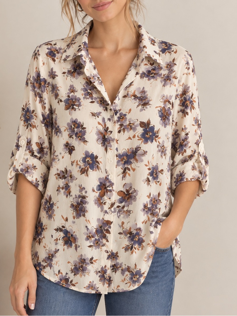 Made in Italy Floral Short Sleeve Button Up Women’s Top Cream Blue